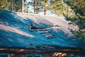 A damaged metal roof.